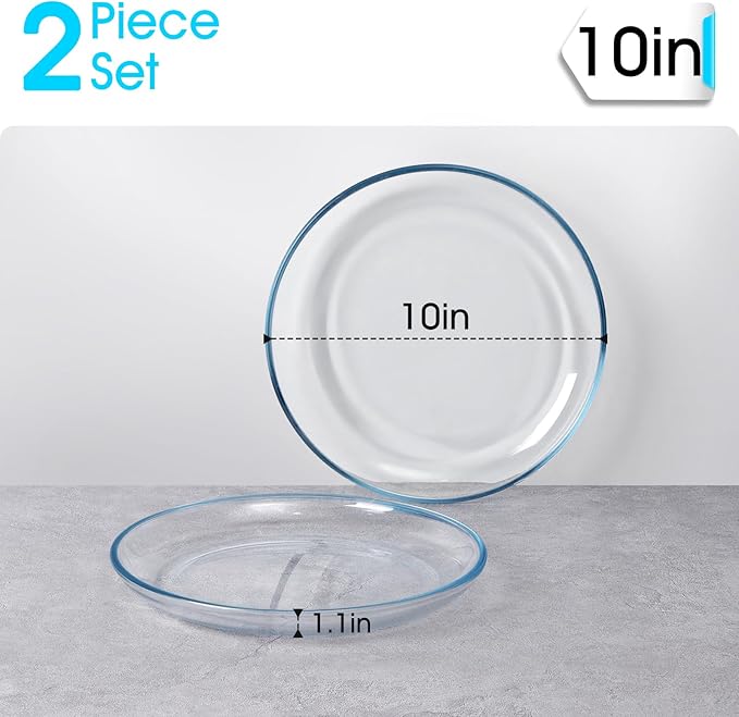 2 Pack 10 inch Glass Plates, Clear Tempered Glass Dinner Plates, Glass Serving Dinnerware for Pasta, Salad